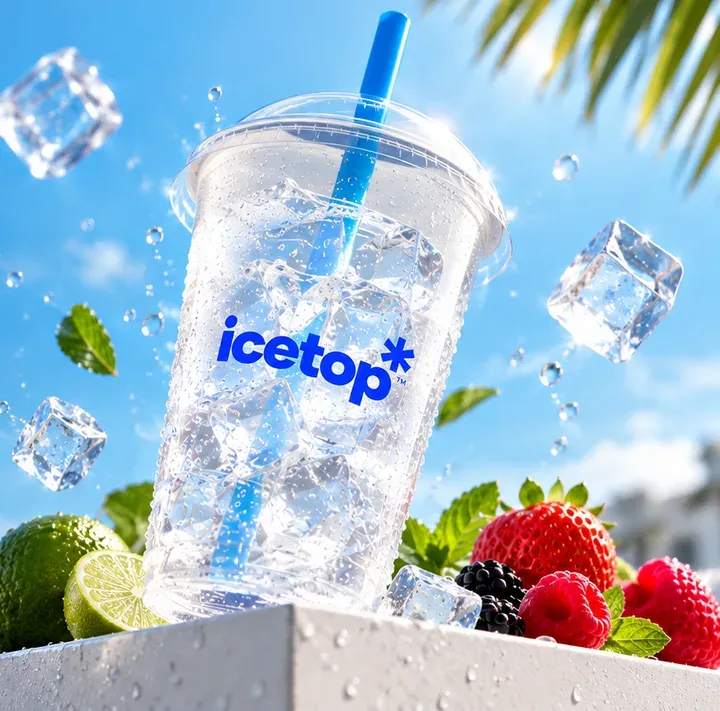 An icetop cup full of ice with lime, strawberries and mint