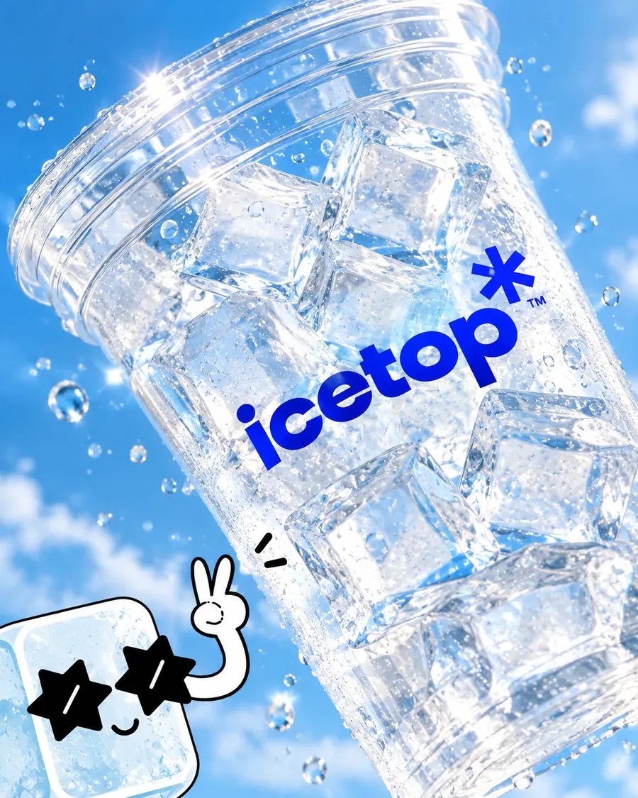 An icetop cup packed with ice cubes against a blue sky